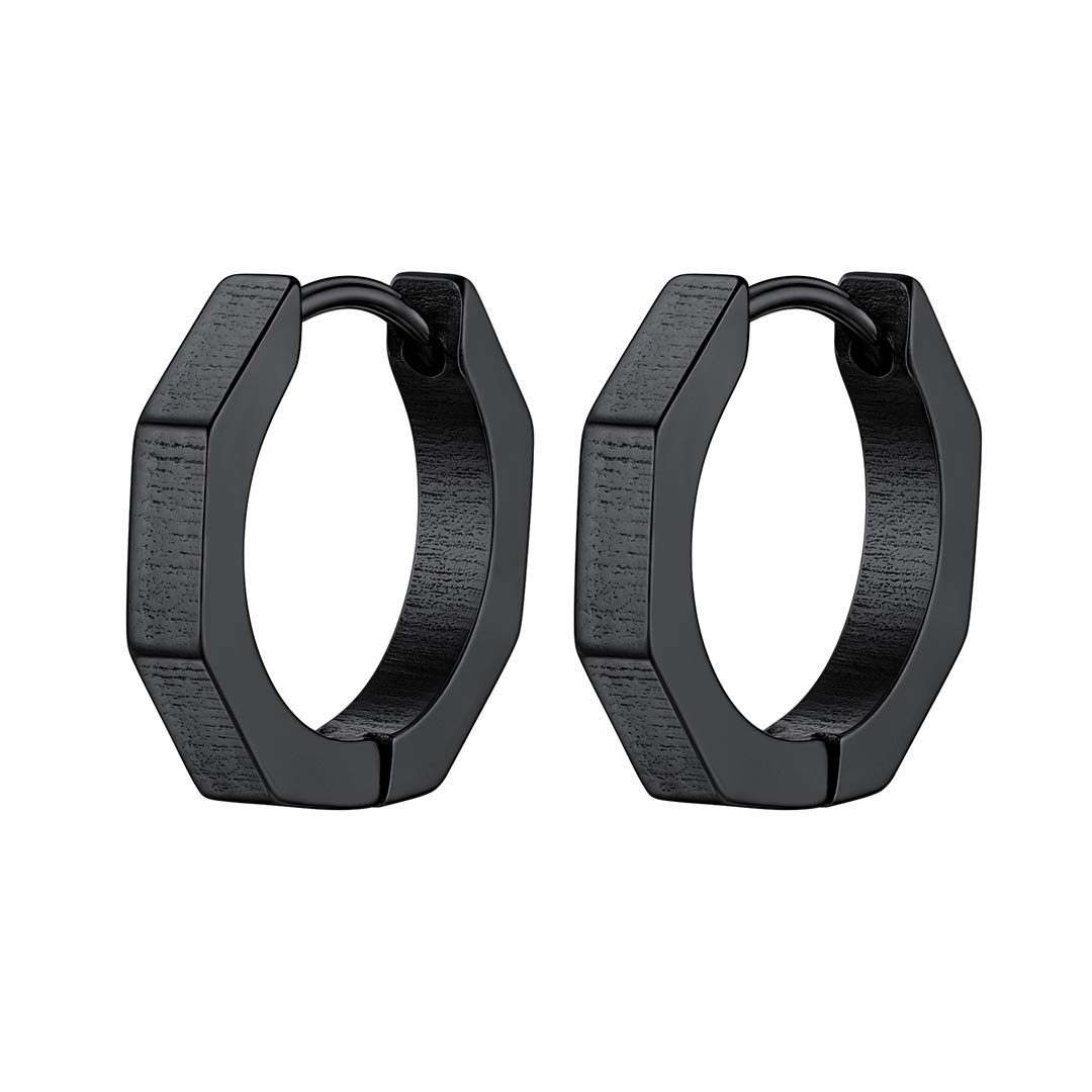 GoldChic Black Stainless Steel Huggie Earrings for Men Geometric Octagon Small Stud Punk Pierced Hypoallergenic Earring Cool Men's Jewellery For Father Boyfriend
