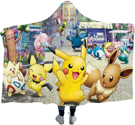 Amazon Mew アニメフード付きブランケット モンスターファン用 ピカチュウ ピチュ イーブイ トゲピ 防寒 ベルベット ウェアラブル 超ソフト 暖かい スロー ブランケット 冬 ソファ 学校 自宅 旅行 ピクニック 持ち運び 子供 39 X 51インチ ブランケット 毛布