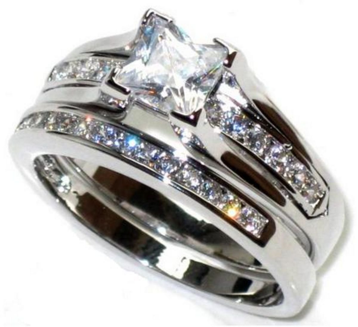 GIFT BOXED! Free Engraving Princess Cut Cubic Zirconia Ring and Half Eternity Channel Band. Wedding Bridal Set. Sterling Silver, 925 Stamped.