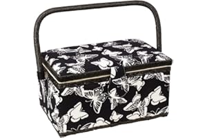 Sewing Basket with Floral Print Design - Sewing Kit Storage Box with Removable Tray, Built-in Pin Cushion and Interior Pocket - by Adolfo Design (Medium - 11" x 7" x 5.5", Butterfly Design)