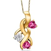 Gem Stone King 18K Yellow Gold Plated Silver Lab Grown Diamond and Pink Created Sapphire Pendant Necklace for Women | 1.64 Cttw | Gemstone April Birthstone | Heart Shape 5MM | With 18 Inch Chain