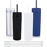 Volhoply 16oz Plastic Skinny Tumbler With Lid and Straw Bulk 4 Pack,Insulated Double Wall BPA Free Matte Acrylic Tumblers,Iced Coffee Travel Reusable Party Cup,Customizable Diy Gifts(Assorted,4 Set)