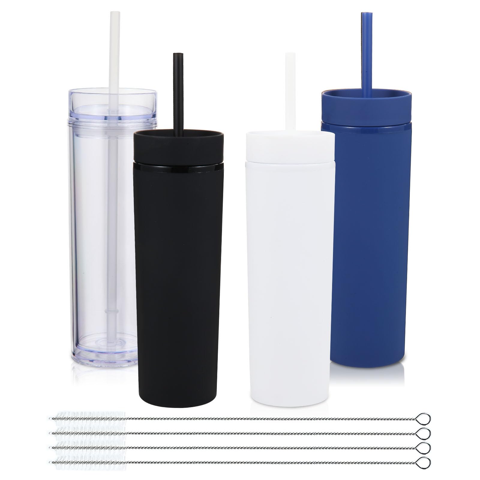 Volhoply 16oz 470ml Plastic Skinny Tumblers with Lid and Straw Bulk | Double Wall | Reusable Iced Coffee Mug | BPA Free | Matte Acrylic Water Cups (Mix,4 Pack)