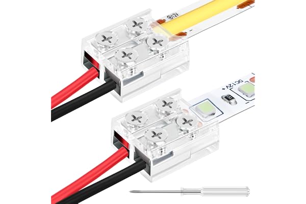 RGBZONE 15Pcs 10mm 2 Pin LED Tape Light Connectors Transparent Gapless Solderless LED Strip to Wire Connector with Screwdrive
