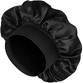 COMNICO Satin Bonnet for Sleeping, 1Pcs Double Layer Reversible Sleep Cap Black Satin Hair Bonnet for Sleeping Wide Soft Elastic Band Bonnet for Women Natural and Curly Hair Braids