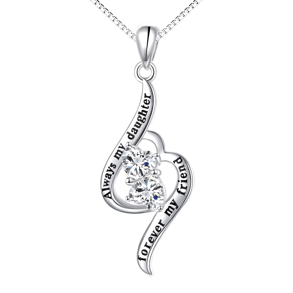 Flyow 925 Sterling Silver Heart Necklace for Daughter Women Engraved Always My Daughter, Forever My Friend, Forever Love Pendant Necklaces with Sparkling Cubic Zirconia