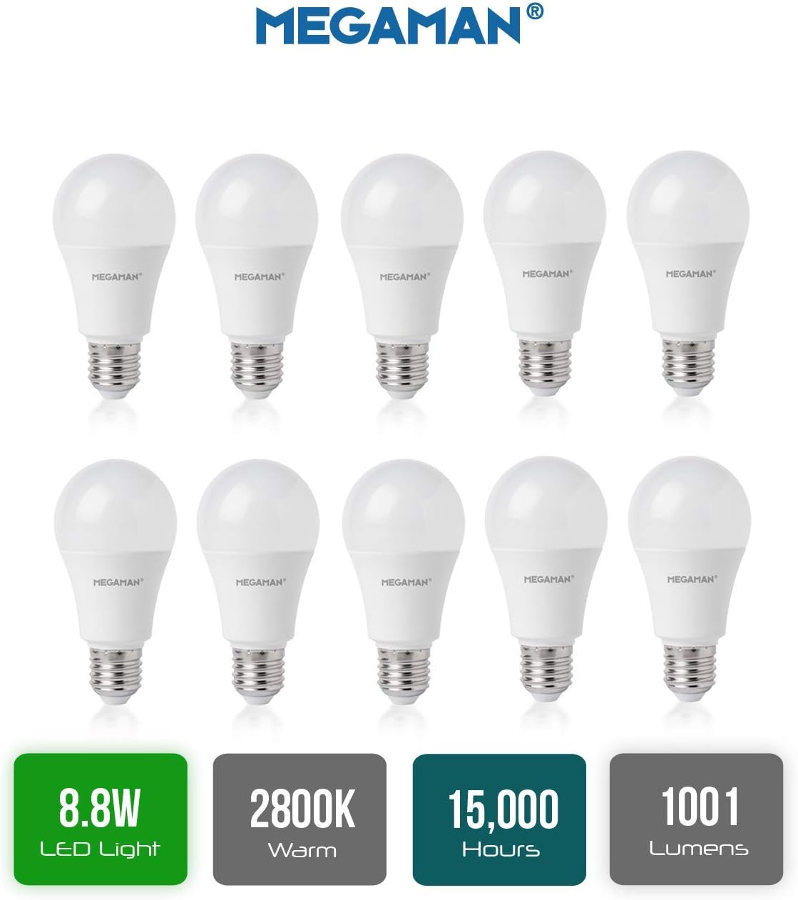Megaman 8.8W GLS E27 ES 2800K Warm White LED Bulb 10 Piece Set, Warm White, 10 units (pack of 1) - Image 3