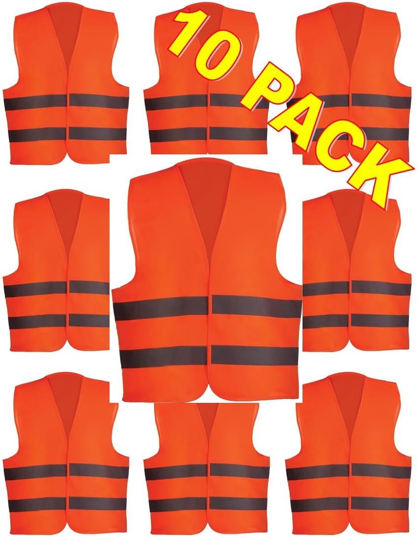 ULTRA Reflective Safety Vest With Reflective Stripes 100% Polyester Universal Fit Unisex Perfect For Running, Jogging, Walking, Construction, Cycling And More WHOLESALE BULK LOT (10 Pack, Orange)