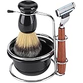 Goick Wet Shaving Kit, 4-Piece Manual Safety Razor with Badger Hair Brush, Stainless Steel Stand and Lathering Bowl Set, Premium Men's Grooming and Gift Set