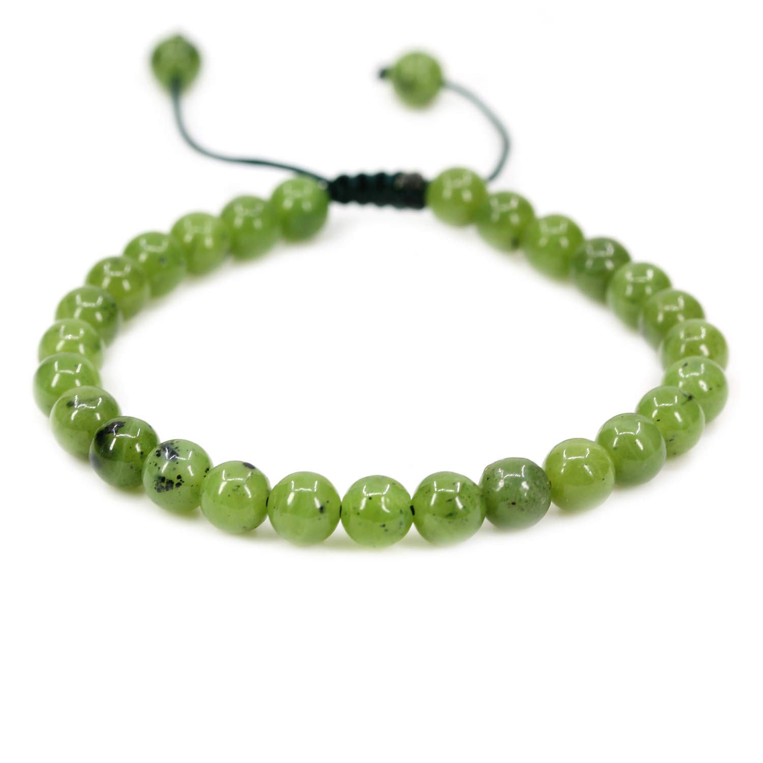 CHENYUE Natural A Grade Canadian Nephrite Jade Gemstone 6mm Round Beads Adjustable Bracelet 7" Unisex