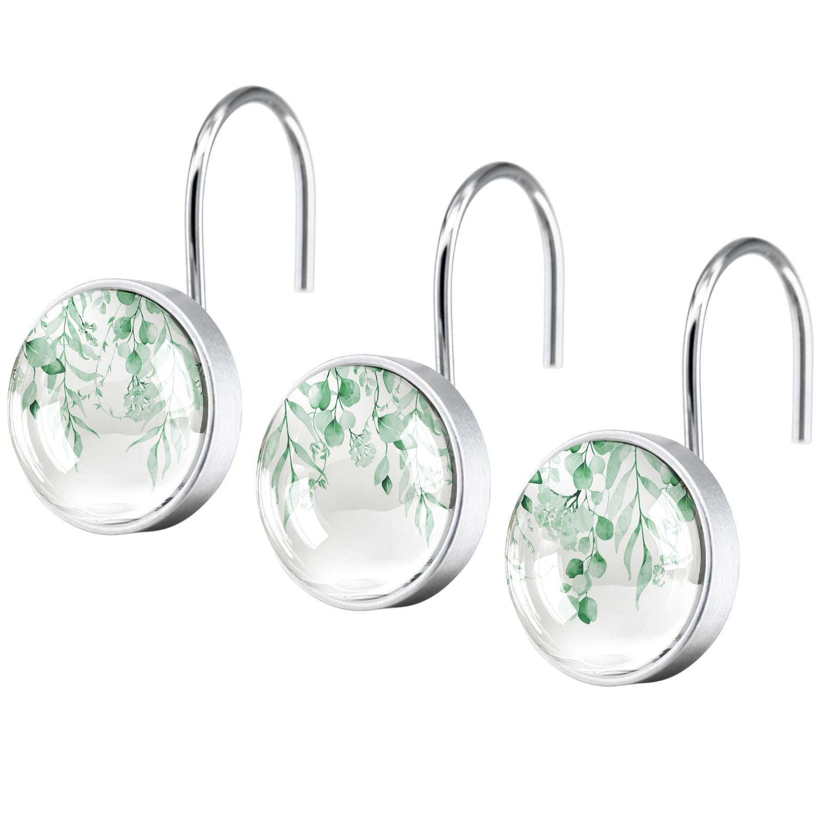 Photo 1 of 12 Pcs Mint Green Eucalyptus Decorative Shower Curtain Hooks - Rustic Stainless Steel Round Resin Shower Rings Hangers for Bathroom Rods Decor