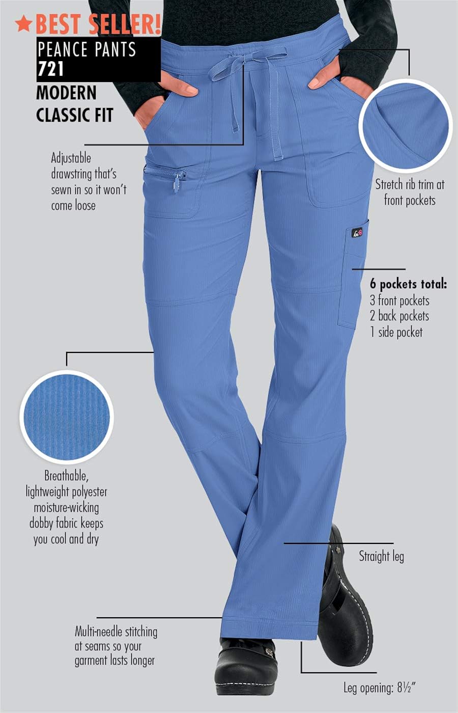KOI Lite Performance Stretch Multi-Pocket Peace Scrub Pant for Women: Clothing