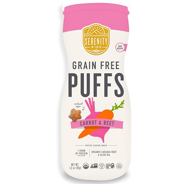 SERENITY KIDS 6+ MONTHS GRAIN FREE PUFFS TODDLER & BABY SNACK | NO ADDED SUGAR, GLUTEN & RICE FREE, ALLERGEN FREE | MADE WITH ORGANIC CASSAVA, VEGGIES, AND HERBS | CARROT & BEET | 1 COUNT