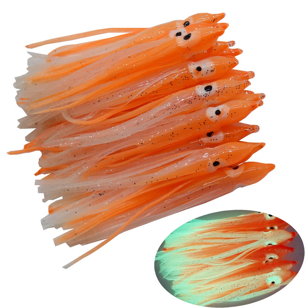 30pcs Luminous Octopus Skirts Soft Plastic Trolling Lure Squid Skirts Fishing Hoochie Bait Lures Size: 1.97"/2.76"/3.54" (1.97"-30pcs, Luminous Orange)