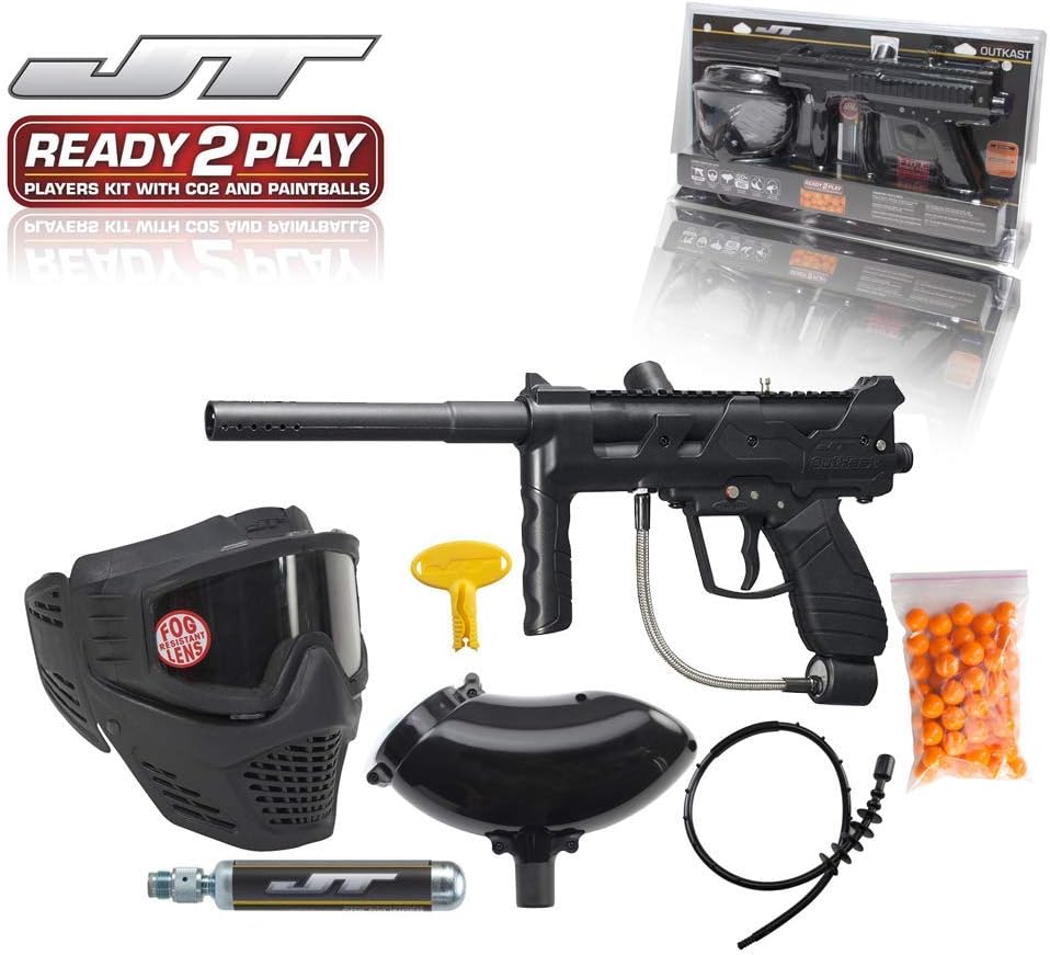 JT Outkast .68Cal Paintball Kit Includes Guardian Goggle, 90G Co2 Tank, 200Rd Loader, Black