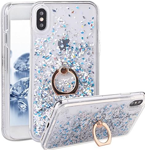 iPhone X Case With Ring Liquid - USAcases Finger Ring Stand Holder Kickstand Moving Quicksand Slim Fit Crystal Clear Floating Luxury Glitter Sparkle Diamond for iPhone X (Diamond White)