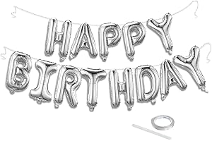 K.E.J. Silver Happy Birthday Balloon Banner Set -16 Inch Foil Letters Balloons, Reusable Birthday Decorations and Party Supplies, Suitable for Men and Women's Birthday Decorations，Party Backdrop