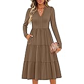 ZESICA Women's Long Sleeve Spring Dresses 2026 Fashion V Neck Casual Loose Ruffle Flowy A Line Tiered Midi Dress