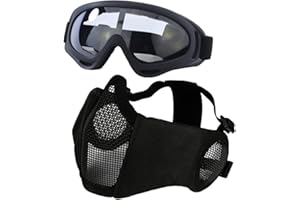 Yzpacc Airsoft Mask with Goggles, Foldable Half Face Airsoft Mesh Mask with Ear Protection for Paintball Shooting Cosplay CS 