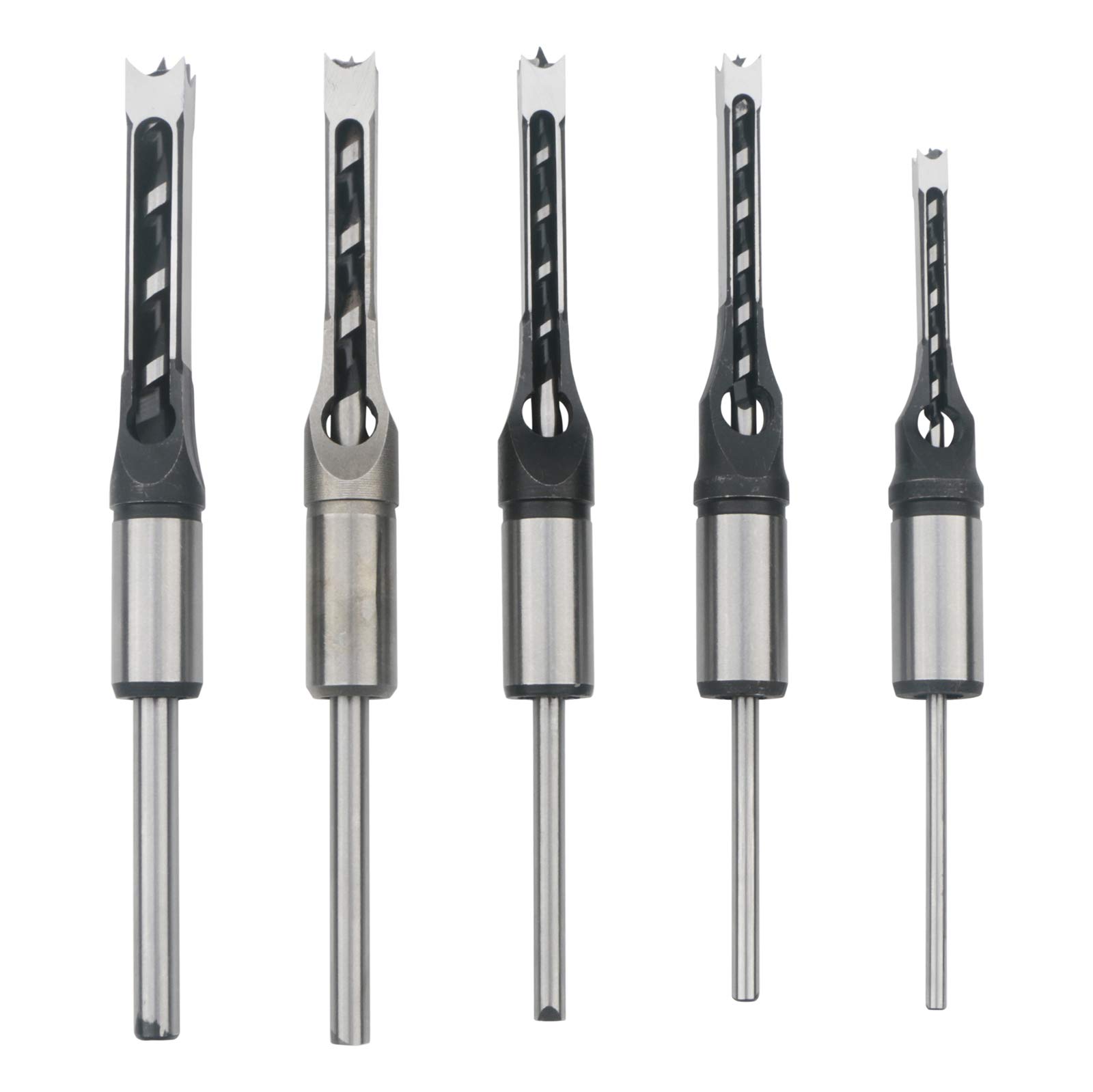 Unxuey 5pcs 1/4", 5/16", 3/8", 7/16", 1/2" Woodworking Square Hole Drill Bits Mortising Chisel Set Wood Square Hole Saw Sets Chisel Cutter with Twist Drill Opening Drilling Tools