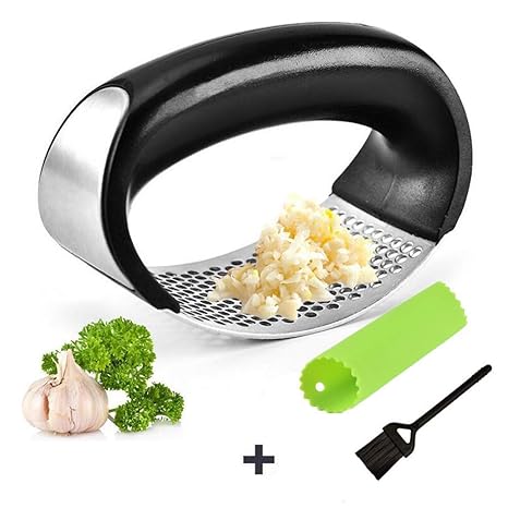 Winload Knoblauchpresse Edelstahl Rostfrei 304, Knoblauchbrecher mit Silikon Knoblauchschäler und Reinigungsbürste, Ingwerpre