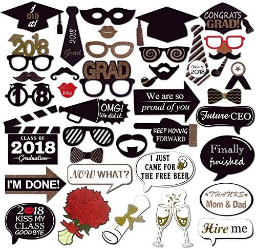Graduation Photo Booth Props, 2018 Graduation Decorations, 38 pcs Black and Gold Photo Props with sticks for Graduation Party Supplies, by Evantek
