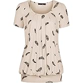 DJT Women's Short Sleeve Summer Tops Scoop Neck Pleated Front Casual Tee T Shirt
