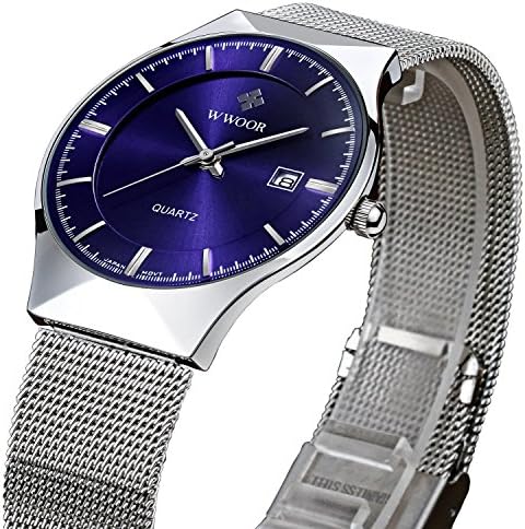 Mens Luxury Casual Sports Calendar Date Quartz Watches Silver Stainless Steel Band blue