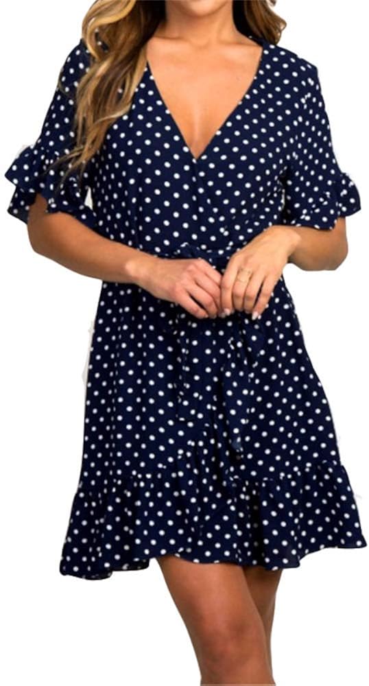 Mepple Womens V Neck Polka Dot Ruffles Short Sleeve Casual Loose Swing T-Shirt Dress