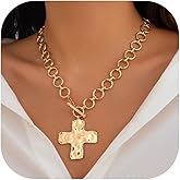 ULLKEL Gold Chunky Cross Necklace Women Statement Pendant Layered Hammered Bold Cross Vintage Toggle Clasp Jewelry