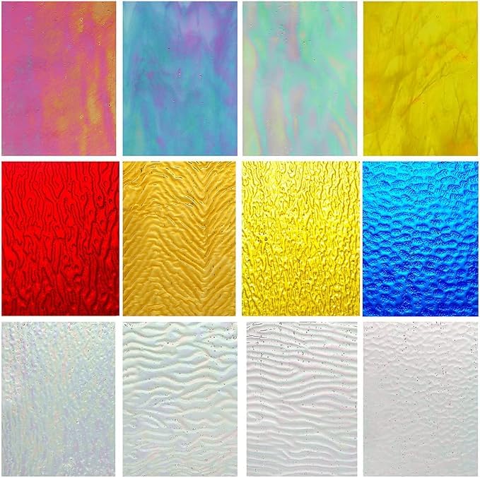 CHICSHIS 12 Iridescent Stained Glass Sheets, 4x6 Inches Textured & Smooth Glass Tiles for DIY Project, Vibrant Mixed Transparent & Opaque Mosaic Tiles for DIY Crafts, Home Decor