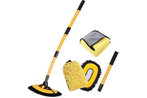 NEZENO 57'' Car Wash Brush with Long Handle Chenille Microfiber Car Wash Kit， Mitt Retractable Bent Pole Car Wash Brush for C