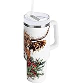 Nander 40oz Christmas Highland Cow Tumbler with Handle and Straw Lid,Insulated Coffee Cup Reusable Stainless Steel Water Bottle Travel Mug Cupholder,Keeps Cold or Hot