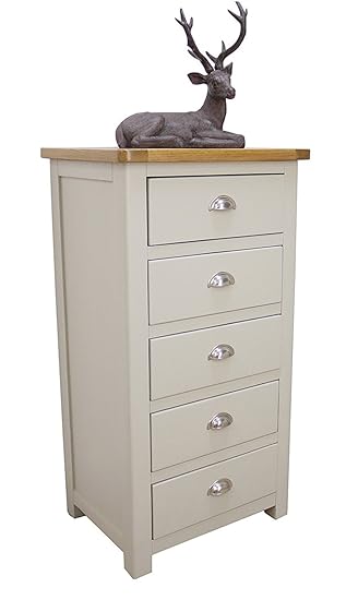 Windermere Sage Grey Painted Oak 5 Drawer Narrow Bedroom Chest Of