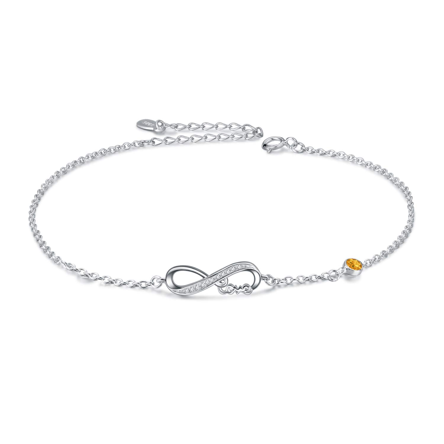 AOBOCO 925 Sterling Silver Infinity Bracelet with Birthstone Crystals, Birthday Gifts for Her Girlfriend Wife (11-November-Simulated Topaz)