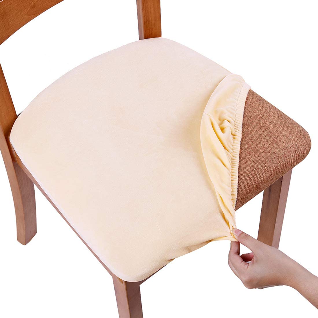 Homaxy Velvet Dining Chair Seat Covers Set of 6, Stretch Slipcovers with Ties, Removable Washable Seat Protector Cover, Beige
