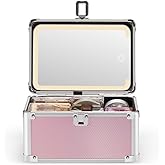 Qislee Makeup Box Mini with A Detachable Lighted Mirror, Waterproof Small Makeup Case,Cosmetic Organizer and Travel Train Case with Magnetic LED Mirror(Silver Frame Iridescent Pink)