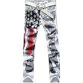 Classlong Mens American USA Flag Printed Washed Jeans White Fit Trousers Pants