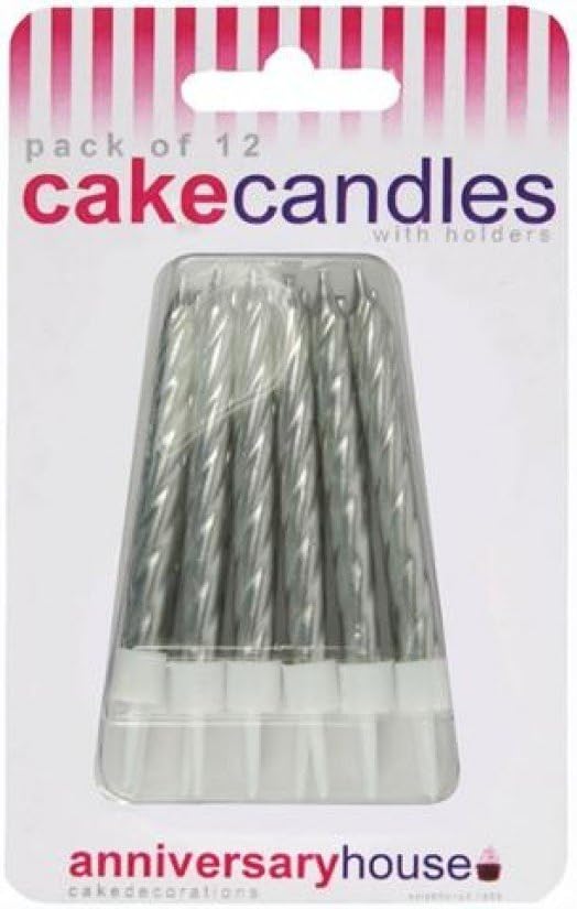 12 Silver Cake Candles with Holders