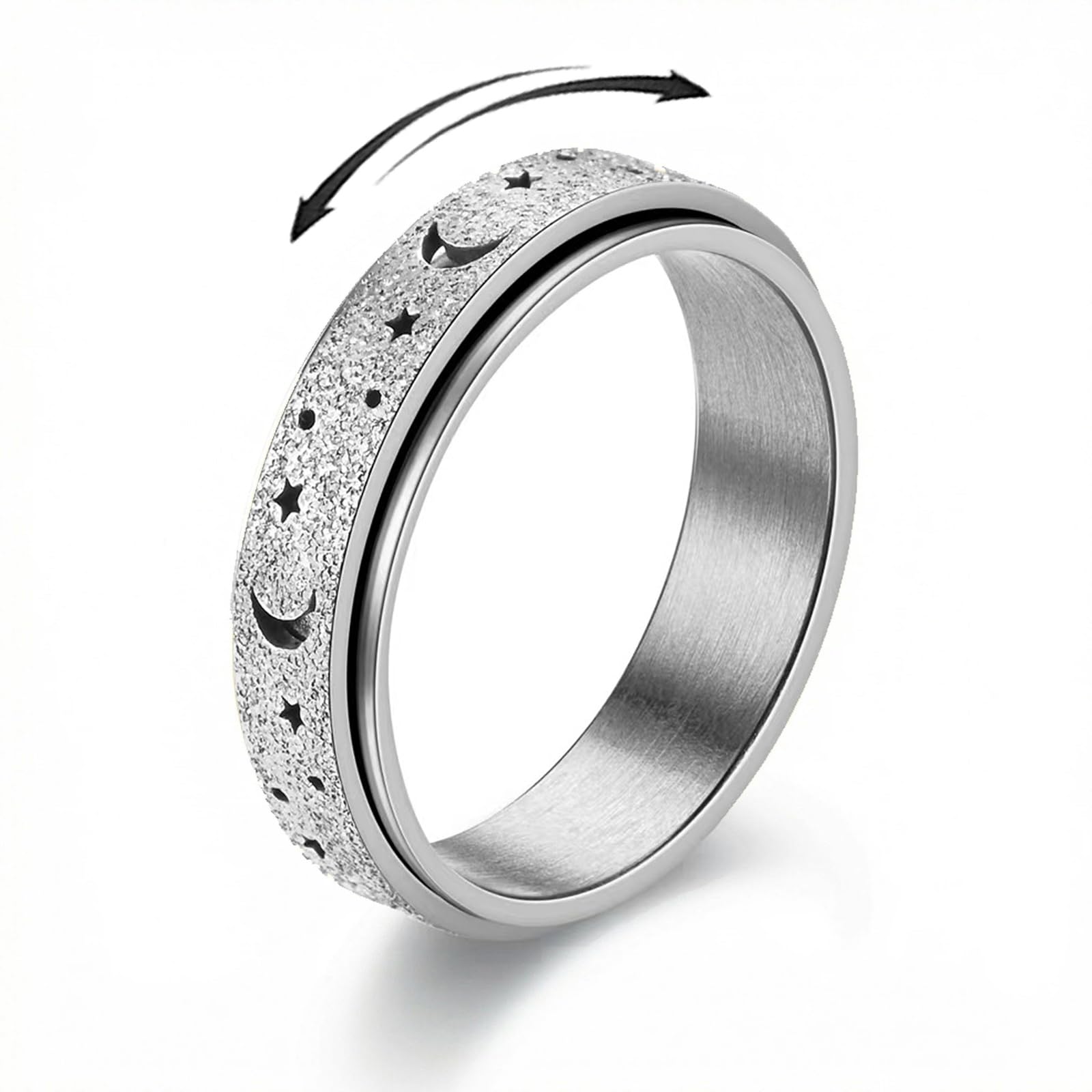 Zhaohyjianm Fidget Ring for Anxiety Relief - Stainless Steel Spinner Ring with Moon & Star, Stress Relief Calm Ring for Women & Men, Smooth Roller Fidget Band Ring (Silver, 9)