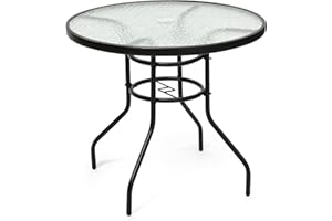 CLEEMAN 32 Inch Round Outdoor Coffee Table, All-Weather Bistro Table with Steel Frame & Tempered Glass, Dining Table for Backyard, Sunroom, Balcony, Lawn, Pool