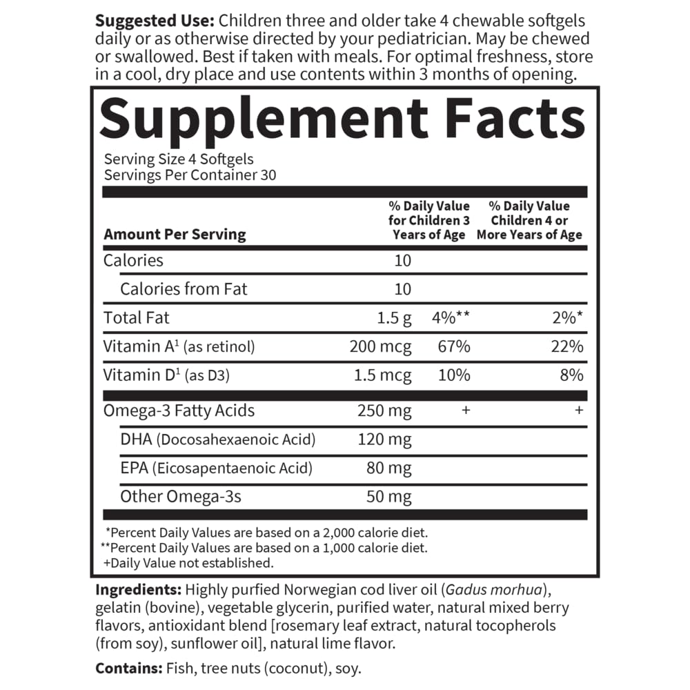 Garden of Life Oceans DHA Supplement for Kids with 250mg of Omega 3s, EPA, Vitamin D3 & A Pure Cod Liver Fish Oil Chewable for Brain, Heart & Immune Health - Berry Lime, Sugar Free, 30 Servings