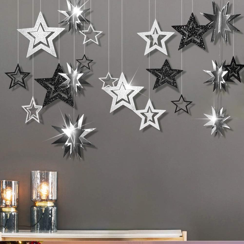 Photo 1 of Cheerland Glitter Black Silver Party Decorations Star Garlands Starry Night Streamers Hanging Stars Birthday Twinkle Little Star Moon Decorations Graduation Halloween Wedding Bridal Ramadan NYE