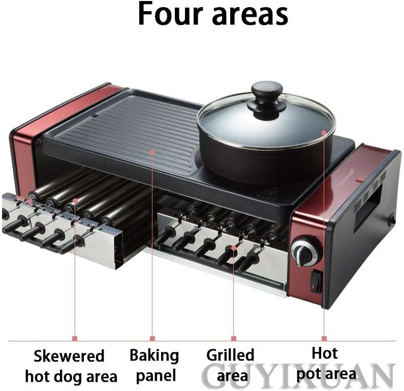 review High Power Electric Grill, 1800W Multifunction Automatic Rotation Skewers Hot Pot One Machine, Household Smokeless Nonstick Electric Grill