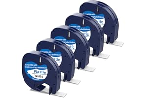 HOCALORT 5 Pack Plastic Whtie Label Tape Replacement for DYMO LetraTag Refills 91331 S0721660 Black on White Plastic Dymo Label Maker Refills for Dymo LetraTag LT100H LT100T QX50,1/2Inch x 13Ft(12mm x 4m)