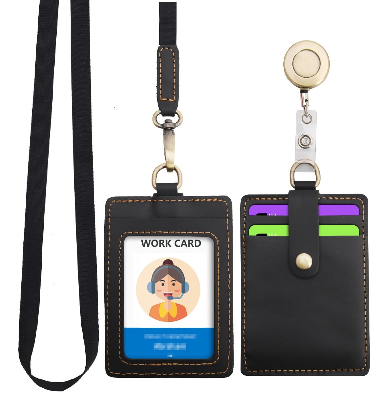 Wonderpool ID Badge Holder Genuine Leather Card Slots Case with Detachable Neck Lanyard and Retractable Badge Reel for Office School Hospital Exhibition ID & Driver Licence (Black)
