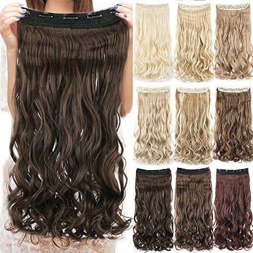 IMISSU Long Natural Thick Hair Curly Clip in on Synthetic Hair Extensions Hairpieces for Women (24 Inch,Dark Brown)