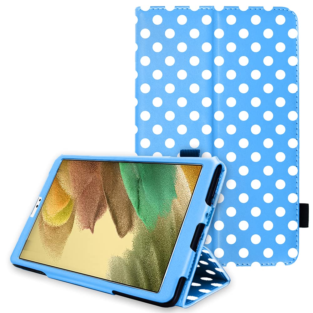 TECHGEAR Leather Case for Samsung Galaxy Tab A7 Lite 8.7" (SM-T220 / SM-T225) Premium PU Leather Slim Folio Stand Case Cover with Hand Strap [Polka/Blue] — image 1