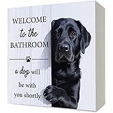 LTERNZAIYAKI Black Lab Dog Bathroom Decor, Funny Labrador Retriever Wooden Box Sign Desk Decor, Welcome to the Bathroom a Dog Will Be with Wood Block Signs for Washroom Shelf Decorations, 5x5 Inch