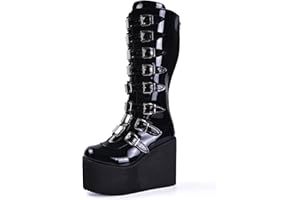 Gothniero Women Black Platform Goth Boots Mid Calf with Heel Knee High Boots Winter Chunky Heel Punk Rave Boots Girls Lace Up Combat Booties Size 5.5-11